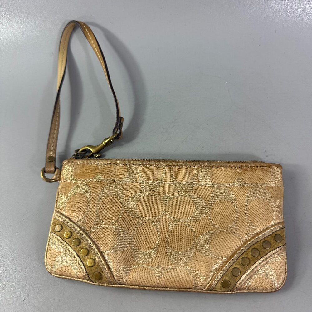 Coach Gold Tan Wristlet Clutch Signature Logo W/ Studs Canva Leather Purse